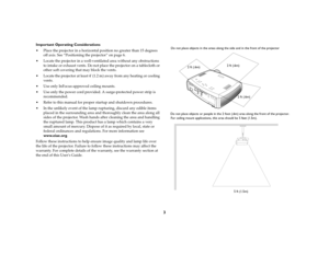 Page 43
Important Operating Considerations
 Place the projector in a horizontal position no greater than 15 degrees 
off axis. See “Positioning the projector” on page 6.
 Locate the projector in a well-ventilated area without any obstructions 
to intake or exhaust vents. Do not place the projector on a tablecloth or 
other soft covering that may block the vents. 
 Locate the projector at least 4 (1.2 m) away from any heating or cooling 
vents.
 Use only InFocus-approved ceiling mounts.
 Use only the power...