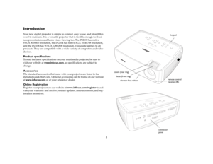 Page 43
IntroductionYour new digital projector is simple to connect, easy to use, and straightfor
-
ward to maintain. It is a versatile projector that is flexible enough for busi
-
ness presentations and home video viewing too. The IN2102 has native 
SVGA 800x600 resolution, the IN2104 has native XGA 1024x768 resolution, 
and the IN2106 has WXGA 1280x800 resolution. This guide applies to all 
products. They are compatible with a wide variety of computers and video 
devices.Product specificationsTo read the...