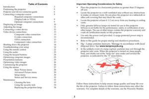 Page 32
Table of Contents
Introduction 3
Positioning the projector 5
Projector and device connector guide 6
Connecting a computer source 9
Required computer connections  
(DisplayLink or VESA) 9
Optional computer connections 9
Displaying an image 10
Adjusting the image 11
Connecting a video device 12
Video device connections 13
Composite video connection 13
S-video connection 13
VESA connection 13
Component video connection 13
Shutting down the projector 14
Troubleshooting your setup 14
Using the remote...