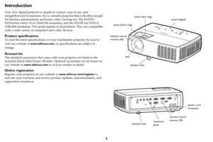 Page 43
Introduction
Your new digital projector is simple to connect, easy to use, and 
straightforward to maintain. It is a versatile projector that is flexible enough 
for business presentations and home video viewing too. The IN3102/
IN3104 has native XGA 1024x768 resolution, and the IN3106 has WXGA 
1280x800 resolution. This guide applies to all products. They are compatible 
with a wide variety of computers and video devices.
Product specifications
To read the latest specifications on your multimedia...