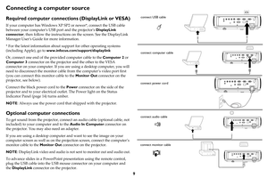 Page 109
Connecting a computer source
Required computer connections (DisplayLink or VESA)
If your computer has Windows XP SP2 or newer*, connect the USB cable 
between your computers USB port and the projectors DisplayLink 
connector, then follow the instructions on the screen. See the DisplayLink 
Manager Users Guide for more information.
* For the latest information about support for other operating systems 
(including Apple), go to www.infocus.com/support/displaylink
Or, connect one end of the provided...