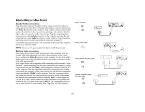 Page 1312
Connecting a video device Standard video connectionsPlug the audio/video (A/V) cable’s yellow connector into the video-out 
connector on the video device. Plug the other yellow connector into the yel-
low Video 3 connector on the projector. Plug a white connector into the left 
audio out connector on the video device and plug a red connector into the 
right audio out connector on the video device. Plug the remaining white 
connector into a left audio in connector on the projector, and plug the red...