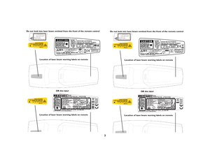 Page 32
Do not look into laser beam emitted from the front of the remote control
Location of laser beam warning labels on remoteLocation of laser beam warning labels on remote OR this label
Do not look into laser beam emitted from the front of the remote control
Location of laser beam warning labels on remoteLocation of laser beam warning labels on remote OR this label 