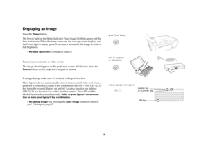 Page 1110
Displaying an image Press the Pow e r button.The Power light on the Status Indicator Panel (
page
 14) blinks green and the 
fans start to run. When the lamp comes on, the start up screen displays and 
the Power light is steady green. It can take a minute for the image to achieve 
full brightness. 
? No start up screen? Get help on 
page
 14. 
 
Turn on your computer or video device.The image should appear on the projection screen. If it doesn’t, press the 
Source button on the projector’s keypad or...