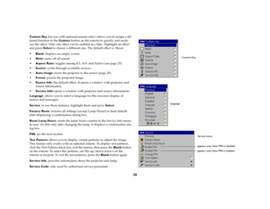Page 3130
Custom Key (for use with optional remote only): allows you to assign a dif
-
ferent function to the Custom button on the remote to quickly and easily 
use the effect. Only one effect can be enabled at a time. Highlight an effect 
and press Select to choose a different one. The default effect is About.Blank: displays an empty screen.Mute: turns off all sound.Aspect Ratio: toggles among 4:3, 16:9, and Native (see 
page
 25).
Source: cycles through available sources.Auto Image: resets the projector...