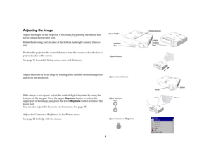 Page 98
Adjusting the imageAdjust the height of the projector, if necessary, by pressing the release but
-
ton to extend the elevator foot. Rotate the leveling foot (located at the bottom back right corner), if neces
-
sary.
 
Position the projector the desired distance from the screen, so that the lens is 
perpendicular to the screen. See 
page
 36 for a table listing screen sizes and distances.
 
    Adjust the zoom or focus rings by rotating them until the desired image size 
and focus are produced....