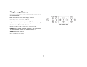 Page 2120
Using the keypad buttonsMost buttons are described in detail in other sections, but here is an over
-
view of their functions:power–turns the projector on (
page
 7) and off (
page
 12).
menu–opens the on-screen menus (
page
 24).
select–confirms choices made in the menus (
page
 24).
up/down arrows–navigates to and adjusts settings in the menus (
page
 24).
auto image–resets the projector to the source.presets–cycles through the available preset settings (
page
 26).
keystone–vertical keystone...