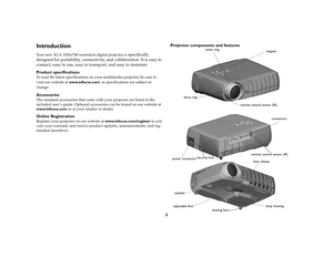 Page 43
IntroductionYour new XGA 1024x768 resolution digital projector is
 specifically 
designed for portability, connectivity, and collaboration. It is easy to 
connect, easy to use, easy to transport, and easy to maintain
 
Product specificationsTo read the latest specifications on your multimedia projector, be sure to 
visit our website at www.infocus.com, as specifications are subject to 
change. AccessoriesThe standard accessories that came with your projector are listed in the 
included user ’s guide....