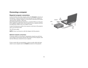Page 65
Connecting a computerRequired computer connectionsConnect the black end of the computer cable to the Computer connector on 
the projector. Connect the blue end to the video port on your computer. If 
you are using a desktop computer, you first need to disconnect the monitor 
cable from the computer ’s video port. 
 
Some Macintosh® computers do not have a standard VESA-out video port. 
If the supplied computer cable will not connect to your computer, purchase 
the appropriate adapter from your Apple®...