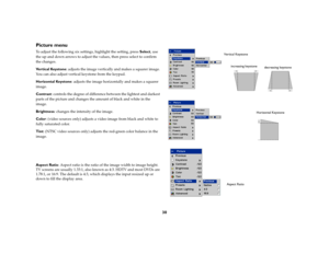 Page 3130
Picture menuTo adjust the following six settings, highlight the setting, press Select, use 
the up and down arrows to adjust the values, then press select to confirm 
the changes.
Ve r t i c a l  K e y s t o n e: adjusts the image vertically and makes a squarer image. 
You can also adjust vertical keystone from the keypad.
Horizontal Keystone: adjusts the image horizontally and makes a squarer 
image. 
Contrast: controls the degree of difference between the lightest and darkest 
parts of the picture...