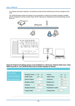 Page 45User’s Manual 
For simplicity and ease of operation, the projector provides diverse networking and remote management fea-
tures. 
The LAN/RJ45 feature allows the projector to be conn ected to a network and remotely managed. Available 
remote management controls includ e: Power On/Off, Video-Source, Bright ness and Contrast settings, Sound-
Mute, etc.
 
 
 
 
Enter the Projector IP address shown in the Installation II / Advanced / Network State menu. Note: 
DHCP must be on. The LAN/RJ45 Web Control window...