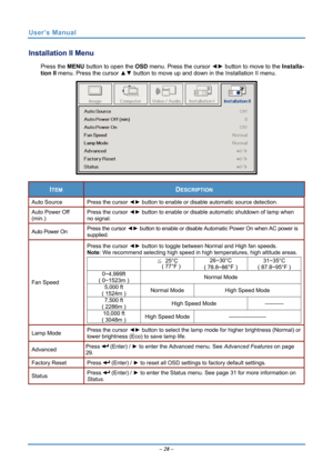 Page 35
User’s Manual 
Installation II Menu  
Press the MENU button to open the  OSD menu. Press the cursor  ◄► button to move to the  Installa-
tion II  menu. Press the cursor  ▲▼ button to move up and down in the Installation II menu.  
 
ITEM DESCRIPTION 
Auto Source Press the cursor  ◄► button to enable or disable automatic source detection.  
Auto Power Off 
(min.) Press the cursor  ◄► button to enable or disable automatic shutdown of lamp when 
no signal.  
Press the cursor  ◄► button to enable or disable...