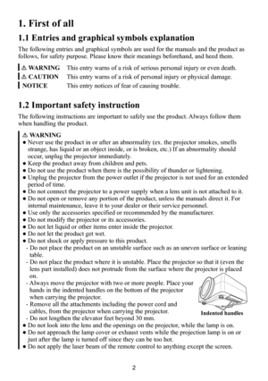 Page 22
1. First of all
1.1 Entries and graphical symbols explanation
The following entries and graphical symbols are used for the manuals and the product as 
follows, for safety purpose. Please know their meanings beforehand, and heed them.
 WARNINGThis entry warns of a risk of serious personal injury or even death.
 CAUTIONThis entry warns of a risk of personal injury or physical damage.
NOTICEThis entry notices of fear of causing trouble.
1.2 Important safety instruction
The following instructions are...