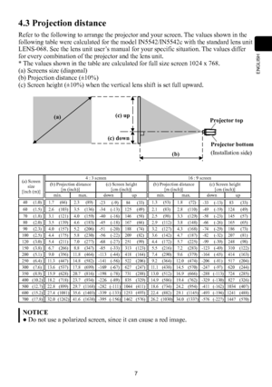 Page 77
ENGLISH
4.3 Projection distance
Refer to the following to arrange the projector and your screen. The values shown in the 
following table were calculated for the model IN5542/IN5542c with the standard lens unit 
LENS-068. See the lens unit user’s manual for your specific situation. The values differ 
for every combination of the projector and the lens unit.
* The values shown in the table are calculated for full size screen 1024 x 768.
(a) Screens size (diagonal)
(b) Projection distance (±10%)
(c)...