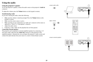 Page 2019
Using the audio
Using the projector’s speaker
To use the projectors speaker, connect the audio source to the projectors Audio In 
connector.
To adjust the volume, press the  Vo l u m e buttons on the keypad or remote.
Troubleshooting Audio
If you aren’t hearing the audio, check the following:
• Make sure the volume is turned up enough. Press the  Vol
 u m e button on the 
keypad or remote.
• Make sure the correct source is active.
• Make sure that you are connected to an  “audio o
ut” connector  on...