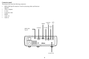 Page 54
Connector panel
The projector provides the following connectors:
• MINI USB Type B connector: Used 
for advancing slides and firmwar
 e 
upgrades.
• VESA computer
•S-video
• Composite video
• HDMI
• Audio out
• Audio in
USBcomputer inHDMIvideo 1video 2audio outaudio in
audio  out
S-video
computer composite 
video
security lock
MINI USB 
Type B 
audio 
in
HDMI 