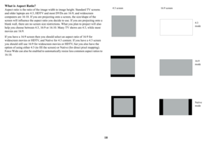 Page 1110
What is Aspect Ratio?
Aspect ratio is the ratio of the image wi
dth to image height. Standard TV screens 
and older laptops are 4:3; HDTV and  most DVDs are 16:9; and widescreen 
computers are 16:10. If you are projecting  onto a screen, the size/shape of the 
screen will influence the aspect ratio you  decide to use. If you are projecting onto a 
blank wall, there are no screen size restrict ions. What you plan to project will also 
help you choose between 4:3, 16:9 or 16: 10. Many TV shows are 4:3,...