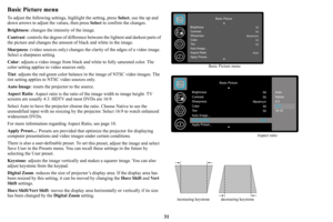 Page 3231
Basic Picture menu
To adjust the following settings, highlight the setting, press  Select, use the up and 
down arrows to adjust the values, then press  Select to confirm the changes.
Brightness : cha
 nges the intensity of the image.
Contrast : controls the 
 degree of difference between the lightest a nd darkest parts of 
the picture and changes the amount  of black and white in the image.
Sharpness : (video 
 sources only) changes the cl arity of the edges of a video image. 
Select a sharpness...