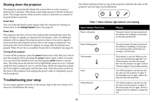 Page 1615
Shutting down the projector
The projector automatically blanks the screen after no active source is 
detected for 5 minutes. This blank scre en helps preserve the life of the pro-
jector. The image returns when an active  sour
 ce is detected or a remote or 
keypad button is pressed.
Screen Save
You can make the blank screen appear  after five 

minutes by turning on 
Screen Save in the  Settings>System menu. See page  34.
Power Save
The projector also has a Power Save feature that automatically turns...