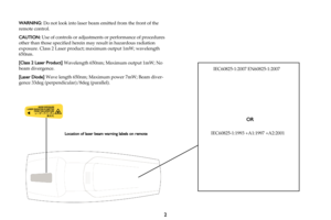Page 3WARNING: Do not look into laser beam emitted from the front of the 
remote control.
CAUTION:  Use of controls or adjustments  or performance of procedures 
other than those specified herein  may result in hazardous radiation 
exposure. Class 2 Laser product;  maximum output 1mW; wavelength 
650nm.
[Class 2 Laser Product]  Wavelength 650nm; Maximum output 1mW; No 
beam divergence. 
[Laser Diode]  Wave length 650nm; Maximum  power 7mW; Beam diver-
gence 33deg (perpendicular)/8deg (parallel).
Location of...