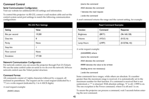 Page 4342
Command Control
Serial Communication Configuration
Visit our website for additional RS-232 settings and information.
To control this projector via RS-232, connect a null modem cab
 le and set the 
control system serial port settings  to match the following communication 
configuration: 
RS-232 Port Settings
Setting Value
Bits per second 19,200 
Data bits 8 
Parity None 
Stop bits 1 
Flow control None 
Emulation VT100 
Network Communication Configuration
For network control, you can access th e...