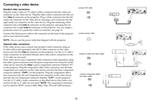 Page 1312
Connecting a video device 
Standard video connections
Plug the audio/video (A/V) cable’s yellow connector into the video-out 
connector on the video device. Plug the other yellow connector into the yel -
low  Video 3 connector  on 
 the projector. Plug a white connector into the left 
audio out connector on the video device  and plug a red connector into the 
right audio out connector on the video device. Plug the remaining white 
connector into a left  audio in connector on the projector, and plug...