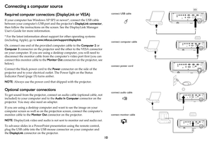 Page 1110
Connecting a computer source
Required computer connections (DisplayLink or VESA)
If your computer has Windows XP SP2 or newer*, connect the USB cable 
between your computers USB port and the projectors DisplayLink connector, 
then follow the instructions on the screen. See the DisplayLink Manager 
Users Guide for more information.
* For the latest information about support for other operating systems 
(including Apple), go to www.infocus.com/support/displaylink
Or, connect one end of the provided...