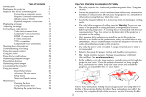 Page 32
Table of Contents
Introduction 3
Positioning the projector  5
Projector and device connector guide  6
Connecting a computer source  9
Required computer connections  
(DisplayLink or VESA)  9
Optional computer connections  9
Displaying an image  10
Adjusting the image  11
Connecting a video device  12
Video device connections  13
Composite video connection  13
HDMI 1.3 connection  13
S-video connection  13
VESA connection  13
Component video connection  13
Shutting down the projector  14
Troubleshooting...