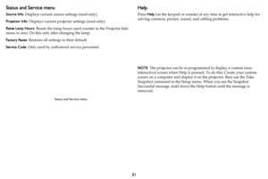 Page 3231
Status and Service menu
Source Info: Displays current source settings (read-only).
Projector Info : Dis
 plays current projector settings (read-only).
Reset Lamp Hours : Rese
 ts the lamp hours used counter in the Projector Info 
menu to zero. Do this only after changing the lamp.
Factory Reset : Restores all sett
 ings to their default.
Service Code :
  Only used by authorized service personnel.
Help
Press Help (on the keypad or remote) at any time to get interactive help for 
solving common,...
