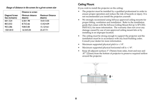 Page 98
Ceiling Mount
If you wish to install the projector on the ceiling:
• The projector must be installed by a 
 qualified professional in order to 
ensure proper operation and reduce th e risk of hazards or injury. It is 
not recommended you install the projector yourself.
• We strongly recommend using InFocus approved ceiling mounts for  proper fitting
 , ventilation and instal lation.  Refer to the installation 
guide that comes with the InFocu s Ceiling Mount Kit (p/n SP-CEIL-
INSTALL) for more...