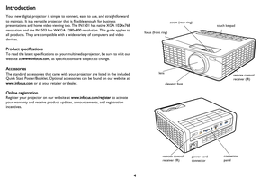 Page 54
Introduction
Your new digital projector is simple to connect, easy to use, and straightforward 
to maintain. It is a versatile projector that is flexible enough for business 
presentations and home video viewing too. The IN1501 has native XGA 1024x768 
resolution, and the IN1503 has WXGA 1280x800 resolution. This guide applies to 
all products. They are compatible with a wide variety of computers and video 
devices.
Product specifications
To read the latest specifications on your multimedia projector,...