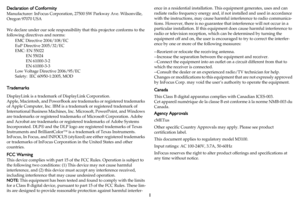 Page 21
Declaration of Conformity
Manufacturer: InFocus Corporation, 27500 SW Parkway Ave. Wilsonville, 
Oregon 97070 USA
We declare under our sole responsibility that this projector conforms to the 
following directives and norms:
EMC Directive 2004/108/EC
EuP Directive 2005/32/EC
EMC: EN 55022
 EN 55024
 EN 61000-3-2
 EN 61000-3-3
Low Voltage Directive 2006/95/EC
Safety:  IEC 60950-1:2005, MOD
Trademarks
DisplayLink is a trademark of DisplayLink Corporation.
Apple, Macintosh, and PowerBook are trademarks or...