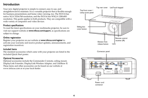 Page 54
Introduction
Your new digital projector is simple to connect, easy to use, and 
straightforward to maintain. It is a versatile projector that is flexible enough 
for business presentations and home video viewing, too. The IN3114 has 
native XGA 1024x768 resolution, and the IN3116 has WXGA 1280x800 
resolution. This guide applies to both products. They are compatible with a 
wide variety of computers and video devices.
Product specifications
To read the latest specifications on your multimedia...