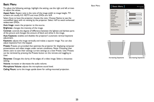 Page 26
25
Basic Menu
To adjust the following settings, highlight the setting, use the right and left arrows 
to adjust the values.
Aspect Ratio: Aspect ratio is the ratio of the image width to image height. TV 
screens are usually 4:3. HDTV  and most DVDs are 16:9.
Select Auto to have the projector choose the ratio. Choose Native to see the 
unmodified input with no resizing by the  projector. Select 16:9 to watch enhanced 
widescreen DVDs.
Auto Image : resets the projector to the source.
Brightness: changes...