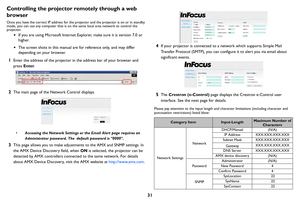 Page 3231
Controlling the projector remotely through a web 
browser
Once you have the correct IP address for the projector and the projector is on or in standby 
mo
de, you can use any computer that is  on the same local area network to
 control the 
pr
ojector.
• If you are using Microsoft Internet Explorer, make sure it is version 7.0 or 
higher.
• The screen shots in this manual are for reference only, and may differ 
depending on your browser.
1Enter the address of the projector in the address bar of your...