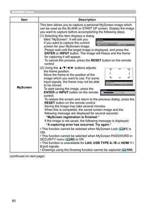 Page 10460
SCREEN menu
ItemDescription
MyScreen
This item allows you to capture a personal MyScreen image which can be used as the BLANK or START UP screen. Display the image you want to capture before accomplishing the following steps.
(1)  Selecting this item displays a dialog titled “MyScreen”. It will ask you if you want to capture the current screen for your MyScreen image.Please wait until the target image is displayed, and press the ENTER or INPUT button. The image will freeze and the frame for capturing...