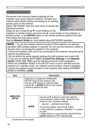 Page 12076
NETWORK menu
Remember that incorrect network settings on this 
projector may cause network problems. Contact your 
network administrator before connecting to an existing 
access point on the network.
Select “NETWORK” from the main menu to access the 
following functions. 
Select an item using the ▲/▼ cursor buttons on the 
projector or remote control, and press the ► cursor button on the projector or 
remote control, or the ENTER button on the remote control to perform this item. 
Then follow the...