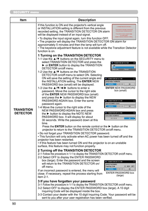 Page 13490
SECURITY menu
ItemDescription
TRANSITION DETECTOR
If this function is ON and the projector's vertical angle or INSTALLATION setting is different from the previous recorded setting, the TRANSITION DETECTOR ON alarm will be displayed instead of an input signal.
• To display the input signal again, turn this function OFF.• The projector will display the TRANSITION DETECTOR ON alarm for approximately 5 minutes and then the lamp will turn off.• The keystone adjustment feature is not available while the...