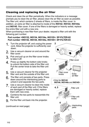 Page 15411 0
Maintenance
Check and clean the air filter periodically. When the indicators or a message 
prompts you to clean the air filter, please clean the air filter as soon as possible.
The filter unit, which contains 2 sheets of filters, is inside the filter cover. In 
addition, an extra air filter is attached to inside of the IN5142, IN5144, IN5144a 
and IN5145. filter cover. If one of the filters is damaged or heavily soiled, replace 
the entire filter unit with a new one.
When purchasing a new filter...