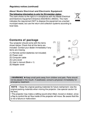 Page 64
Contents of  package
Your projector should come with the items 
shown below. Check that all the items are 
included. Contact your dealer immediately if any 
items are missing.
(1) Remote control (batteries not included)
(2) Power cord 
(3) Computer cable
(4)  Lens cover
(5)  User’s manual (Book x 1)
(6) Adapter  cover
NOTE8VHWKH
original packing materials when moving the projector. Use special caution for 
the lens. 
