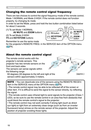 Page 6218
30°3m30°
30°30°3m
(approx.)
About the remote control signal
The remote control works with the 
projector’s remote sensors. This 
projector has two remote sensors on the 
front and back sides.
The sensors can sense signals within 
the following range:
60 degrees (30 degrees to the left and right of the 
sensor) within approximately 3 meters.
• You can deactivate one of the sensors using the REMOTE RECEIV. 
item in the SERVICE menu of the OPTION menu (71).
• The remote control signal may be able to be...