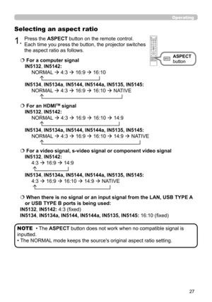 Page 7127
Operating
Selecting an aspect ratio
  For a computer signal 
IN5132, IN5142:  
  NORMAL  4:3  16:9  16:10 
         
IN5134, IN5134a, IN5144, IN5144a, IN5135, IN5145:  
 NORMAL  4:3  16:9  16:10  NATIVE 
       
  For a video signal, s-video signal or component video signal 
IN5132, IN5142:  
 4:3  16:9  14:9 
   
IN5134, IN5134a, IN5144, IN5144a, IN5135, IN5145:  
 4:3  16:9  16:10  14:9  NATIVE 
  
  
When there is no signal or an input signal from the LAN, USB TYPE A 
or USB TYPE B...