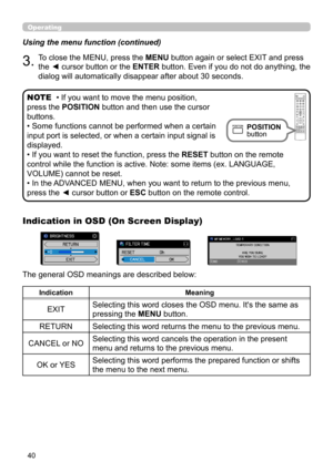 Page 8440
Operating
Using the menu function (continued)
3.To close the MENU, press the MENU button again or select EXIT and press 
the ◄ cursor button or the ENTER button. Even if you do not do anything, the 
dialog will automatically disappear after about 30 seconds.
Indication in OSD (On Screen Display)
The general OSD meanings are described below:
IndicationMeaning
EXITSelecting this word closes the OSD menu. It's the same as 
pressing the MENU button.
RETURNSelecting this word returns the menu to the...