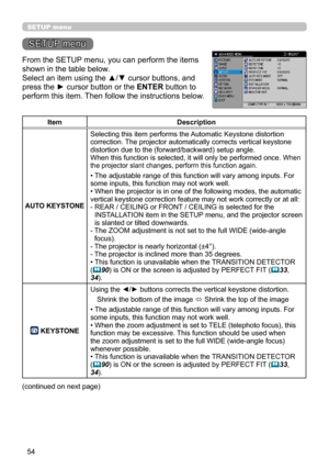 Page 9854
SETUP menu
ItemDescription
AUTO KEYSTONE 
Selecting this item performs the Automatic Keystone distortion correction. The projector automatically corrects vertical keystone distortion due to the (forward/backward) setup angle.When this function is selected, it will only be performed once. When the projector slant changes, perform this function again.
• The adjustable range of this function will vary among inputs. For some inputs, this function may not work well.• When the projector is in one of the...