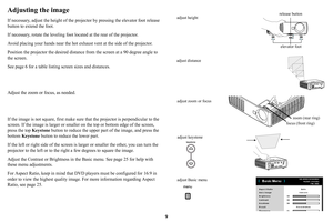 Page 109
Adjusting the image
If necessary, adjust the height of the projector by pressing the elevator foot release 
button to extend the foot.
If necessary, rotate the leveling foot located at the rear of the projector.
Avoid placing your hands near  
 the hot exhaust vent at the side of the projector.
Position the projector the desired distance 
 from the screen at a 90 degree angle to 
the screen.
See  page  6 for a table listing scre e
n sizes and distances.
Adjust the zoom or focus, as needed.
If the image...