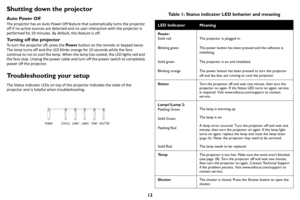 Page 1312
Shutting down the projector
Auto Power Off
The projector has an Auto Power Off feature that automatically turns the projector 
off if no active sources are detected and no user interaction with the projector is 
performed for 20 minutes. By default, this feature is off.
Turning off the projector
To turn the projector off, press the Pow e r button on the remote or keypad twice. 
The lamp turns off and the LED blinks orange for 10 seconds while the fans 
continue to run to cool the lamp. When the lamp...