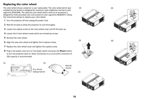Page 3938
Replacing the color wheel
The color wheel of your projector is user replaceable. The color wheel which was 
installed by the factory is designed for maximum color brightness and has 6 color 
segments (RYGCWB). The optional color wheel which came as an accessory is 
designed for fully saturated color and contains 6 color segments (RGBCMY). Follow 
the instructions below to replace your color wheel.
1Turn the projector off and unplug the power cord.
2Wait 60 minutes to allow the projector to cool...