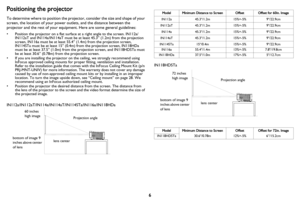 Page 7
6
Positioning the projector
To determine where to position the projector, consider the size and shape of your 
screen, the location of your power outlets, and the distance between the 
projector and the rest of your equipment. Here are some general guidelines:
• Position the projector on a flat surface  at a right angle to the screen. IN112a/
IN112aT and IN114a/IN114aT must be at least 45.3” (1.2m) from the projection 
screen, IN116a must be at least 55.4” (1.4m) from the projection screen, 
IN114STa...