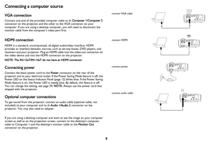 Page 9
8
Connecting a computer source
VGA connection
Connect one end of the provided computer cable to th Computer 1/Computer 2 
connector on the projector and the other to the VGA connector on your 
computer. If you are using a desktop computer, you will need to disconnect the 
monitor cable from the computer’s video port first.
HDMI connection
HDMI is a standard, uncompressed, all- digital audio/video interface. HDMI 
provides an interface between sources, su ch as set-top boxes, DVD players, and 
receivers...