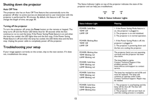 Page 13
12
Shutting down the projector
Auto Off Time
The projector also has an Auto Off Time feature that automatically turns the 
projector off after no active sources are detected and no user interaction with the 
projector is performed for 30 minutes. By default, this feature is off. You can 
change the length of time, see 
page 30.
Turning off the projector
To turn the projector off, press the Power button on the remote or keypad. The 
lamp turns off and the Power LED blinks blue for 30 seconds while the...